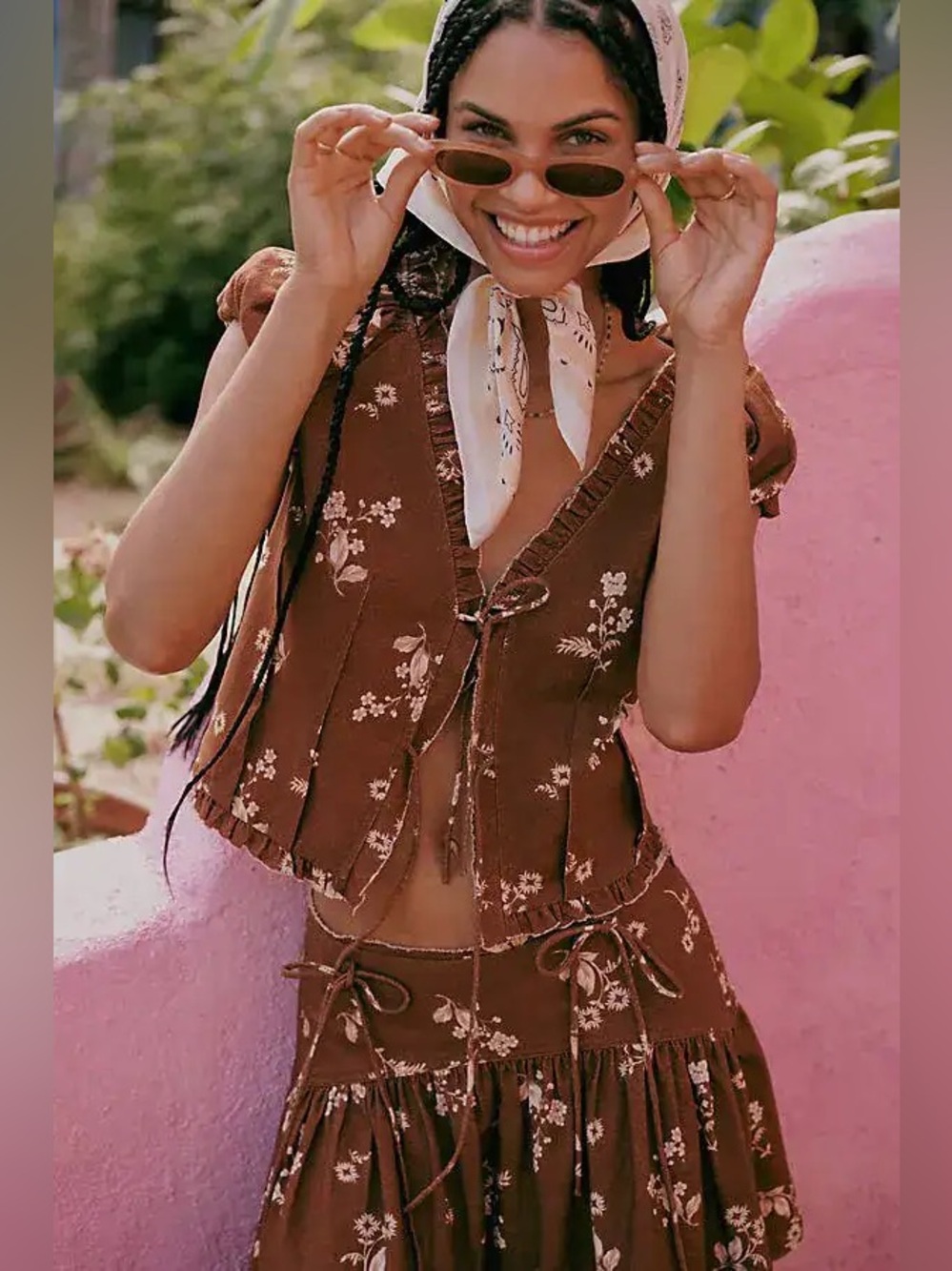 Anthropologie Puff-Sleeve Tie-Front Linen Top in Brown